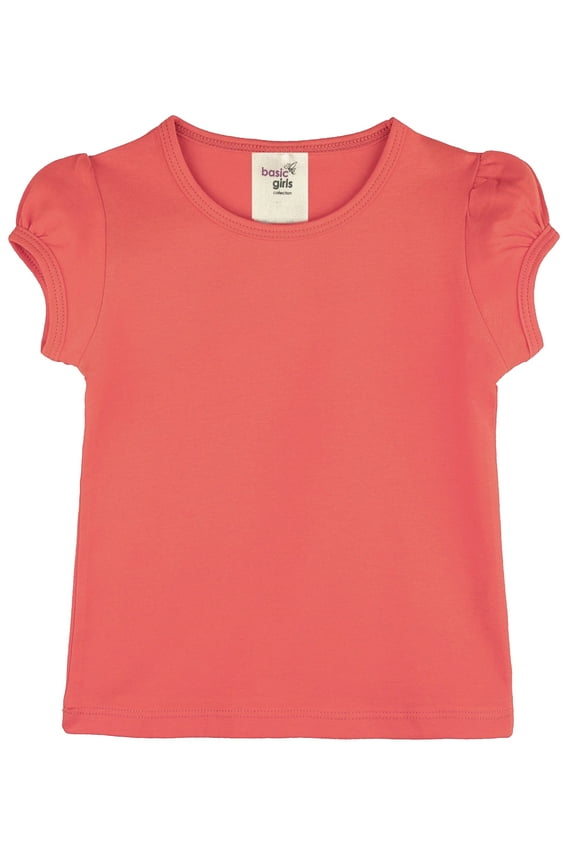 Girls' Basic Round Neck Cotton Short Puff Sleeve T-Shirt Coral 7 Years