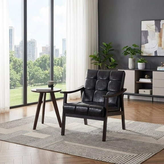 Lileigh Mid-Century Modern Accent Chair, Upholstered Arm Chair Solid Wood Frame for Lounge, Living Room, Reading Room, Bedroom (Antique Black + PU Leather)