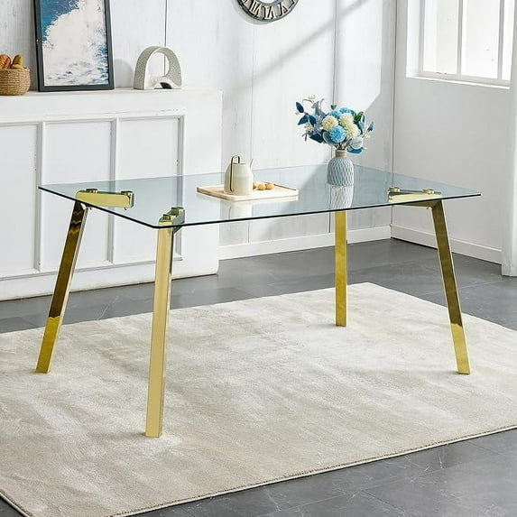Lileigh Modern Minimalist Rectangular Glass Dining Table for Kitchen Dining Living Room, 63" W x 35.4"D x 30" H 1123, Gold