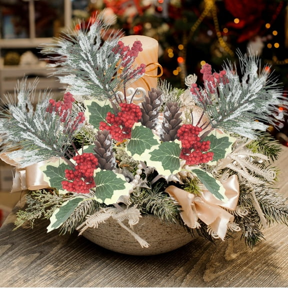 Lilgiuy 10.6in Red Berry Stems Pine Branches Evergreens Berries Decor Artificial Pine Cones Branch for Christmas Craft Wreath Pick & Winter Holiday