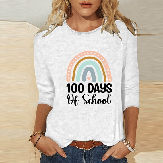 Lilgiuy 100 Days of School Blouses for Women,3/4 Sleeve Cute Rainbow Graphic Letter Print Tees Blouses Casual Plus Size Basic Tops Pullover Spring (White,M)
