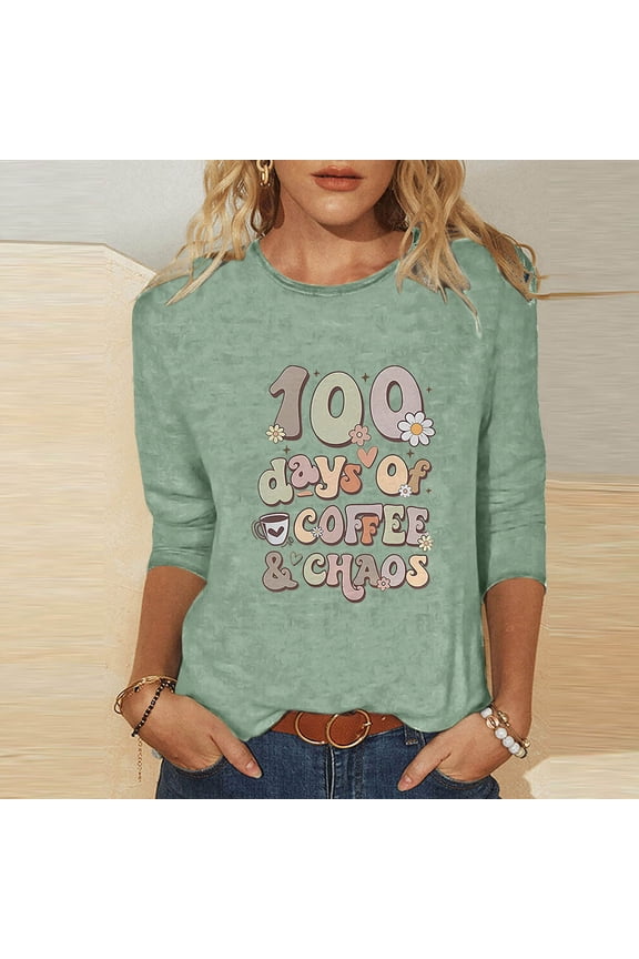 100 Days of School Shirts for Women,3/4 Sleeve Shirts for Women Colorful Letter Print Tees Blouses Kindergarten Teachers Tee Tops for Work Office (Green,M)