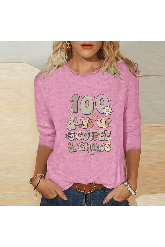 100 Days of School Shirts for Women,3/4 Sleeve Shirts for Women Colorful Letter Print Tees Blouses Kindergarten Teachers Tee Tops for Work Office (Pink,M)