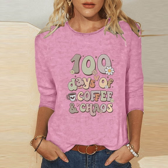 Lilgiuy 100 Days of School Shirts for Women,3/4 Sleeve Shirts for Women Colorful Letter Print Tees Blouses Kindergarten Teachers Tee Tops for Work Office (Pink,XL)