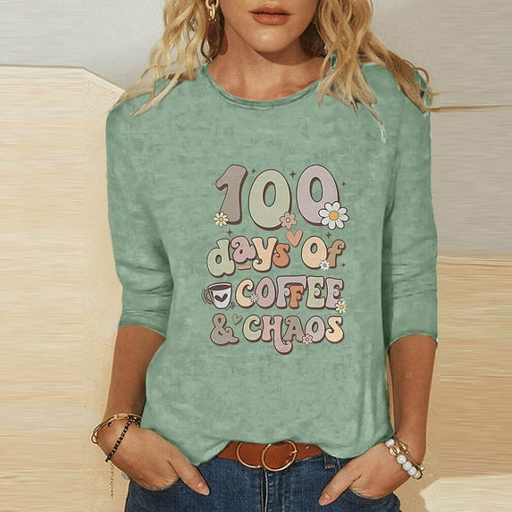 Lilgiuy 100 Days of School Shirts for Women,3/4 Sleeve Shirts for Women Colorful Letter Print Tees Blouses Kindergarten Teachers Tee Tops for Work Office (Green,S)