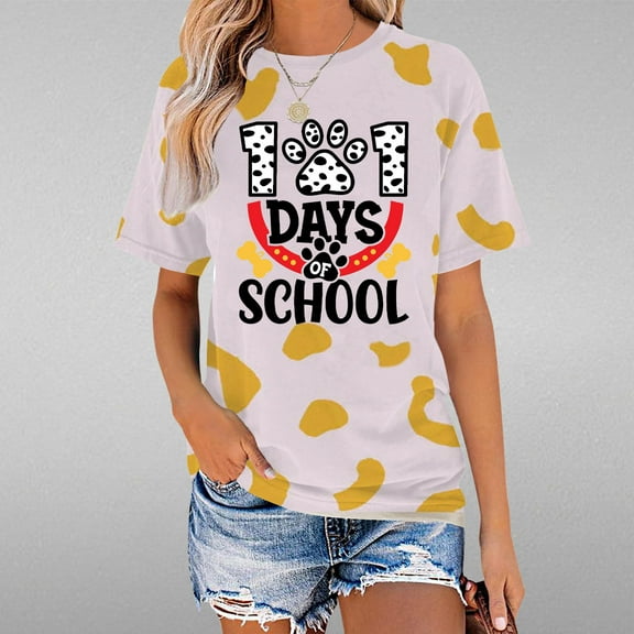 Lilgiuy 101 Days of School Shirt for Women Casual Solid Color Cute Teacher Graphic Short Sleeve Loose Soft Tshirt School Days Tee Tops for Take Photos (Gold,L)
