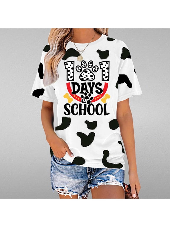 101 Days of School Shirt for Women Casual Solid Color Cute Teacher Graphic Short Sleeve Loose Soft Tshirt School Days Tee Tops for Take Photos (White,S)