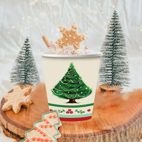 Lilgiuy 10Pcs Christmas Theme Paper Cups, Xmas Tree Printed Xmas Disposable Paper Cups Cutlery Retro Tableware for Multi Person Gatherings and Party Supplies
