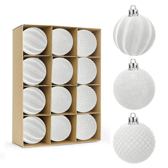 Lilgiuy 12 Pcs Velvet Christmas Balls Bulks Flocked Christmas Tree Ball Ornaments Plastic Balls Xmas Decorative Hanging Ornaments Christmas Tree Decoration (White, 2.4 Inch)