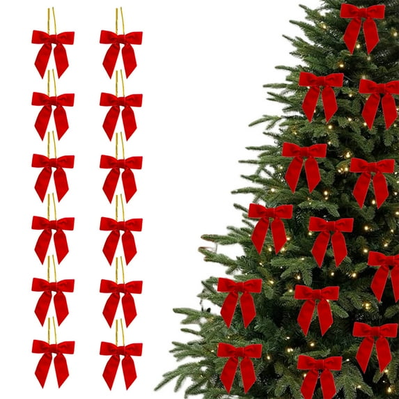 Lilgiuy 12Pcs Christmas Velvet Wreath Bow, 3.1"×3.1" Vintage Velvet Ribbon Bows Rustic Crafts Gift Bows for Wreaths Garland Holiday Xmas Tree Wrapping Crafts (Red)