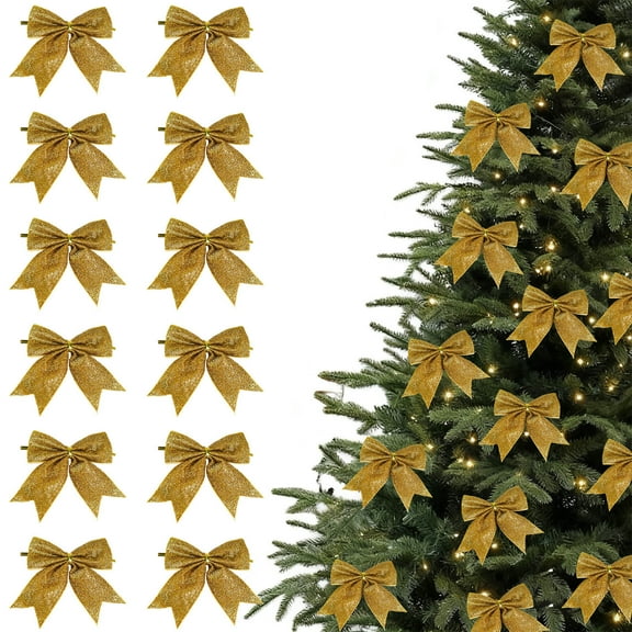 Lilgiuy 12Pcs Glitter Ribbon Bows, Christmas Tree Bows Wreath Bows Tree Topper Bow for Door Garland Xmas Home Wedding Decorations Indoor Outdoor (Gold, 3.9"×3.5")