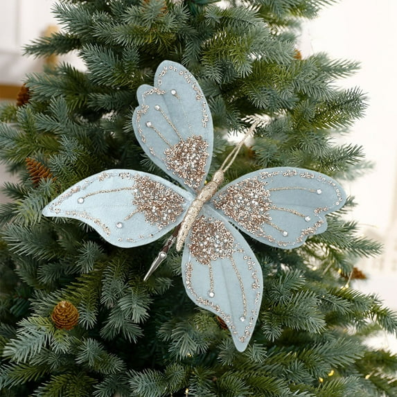 Lilgiuy 1Pcs Simulation Xmas Butterfly Ornaments for Christmas Tree, Wedding, Wreath, Garland Decor, Hanging Decorations with Clips, 10.63" x 7.87" (Blue)