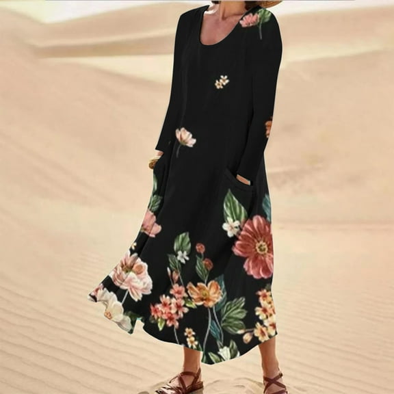 Lilgiuy 2023 Trendy Fall Clothes Round Neck Maxi Dresses Floral Dresses Long Sleeve Dress with Pockets for Class Reunion