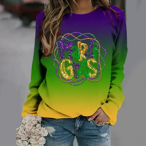 Lilgiuy 2024 Mardi Gras Shirt for Women Carnival Themed Outfit Party Mask Graphic Long Sleeve Tunic Tops Crewneck Parade Blouse Tshirt for Going Out