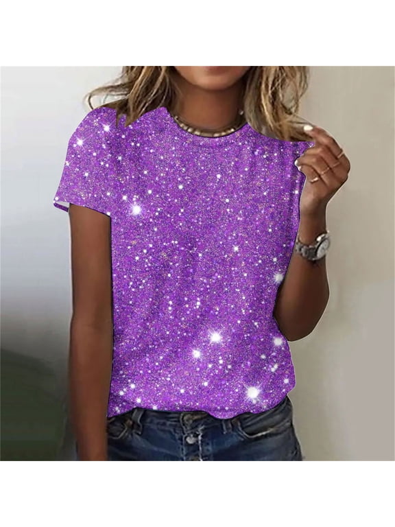 2025 Oversized Shirt for Women Sequin Crew Neck Loose Blouses Trendy Casual Solid Color Short Sleeve Tops Bright Printed Tshirts for Work Shop Party Vacation Nightclub (Purple,2XL)