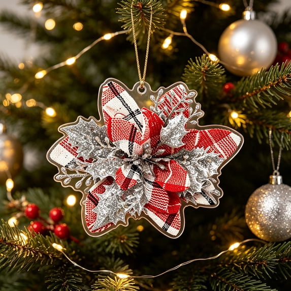 Lilgiuy 2D Acrylic Poinsettia Christmas Ornament, 3.14in Flat Poinsettia Flower Christmas Tree Hanging Decoration for Home Winter Holiday Party