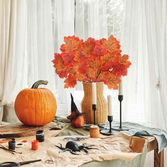 Lilgiuy 2Pcs Artificial Maple Leaf Fall Flowers No Fade Autumn Plants, 15.75" Fake Indoor Outdoor Greenery for Thanksgiving Halloween Christmas Wedding Party Home Garden Fireplace Decor