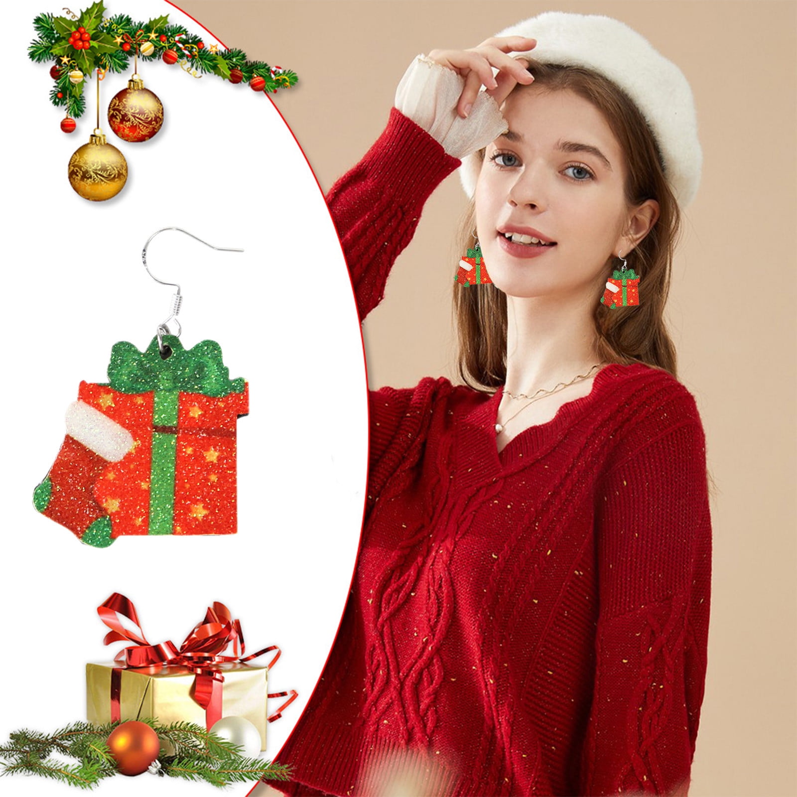 9-Pair Christmas Faux Leather Teardrop Dangle Earrings Set – Stainless Steel Hooks, Multi-Color