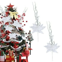 Lilgiuy 2Pcs Christmas Glitter Artificial Poinsettia Flowers Picks and Leaves Sprays Branches Ornament Xmas Floral Picks Stems for Christmas Tree Vase Wreath Garland Decor (White)