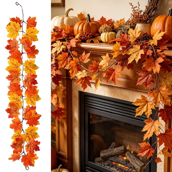 Lilgiuy 2Pcs Thanksgiving Maple Leaf Garlands for Fall Decor, Artificial Maple Leaf Garland, Christmas Halloween Decor for Fireplace Mantel Door Outdoor Indoor, 39.4"