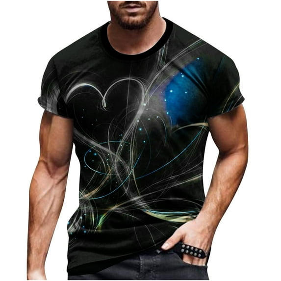 Lilgiuy 3D Digital Printing Shirts for Men Casual Heart Print Plus Size Elegant Round Neck Pullover Sports Shorts Sleeves T Shirt Blouse Blue (M-5Xl)
