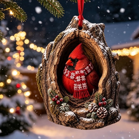 Lilgiuy 3D Forest Cardinal Christmas Ornament, Cute cardinal Figurine in Tree Stump Hollow Hanging Decoration for Christmas Tree Home Party, 3.15in