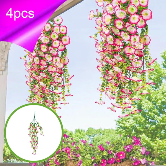 Lilgiuy 4Pcs Artificial Hanging Morning Glory Flowers, 29.92in Faux Silk Morning Glory Flowers for Home Porch Patio Planter, UV Resistant Artificial Plants for Outdoor Outside (Pink)