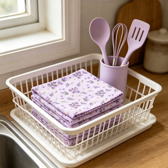 Lilgiuy 4Pcs Reusable Kitchen Cleaning Cloths, Purple Floral Print Cotton Dish Cloths, Super Soft Absorbent Towels for Dishes, Countertops & Glass Surfaces
