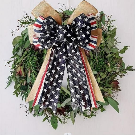 Lilgiuy 4th of July Large Wreath Bow Pentagram Striped Bow Patriotic Ribbon Bow for Indoor Outdoor Front Door Wreath Holiday Independence Day Party Wall Decoration, Black, 16.5" x 11"