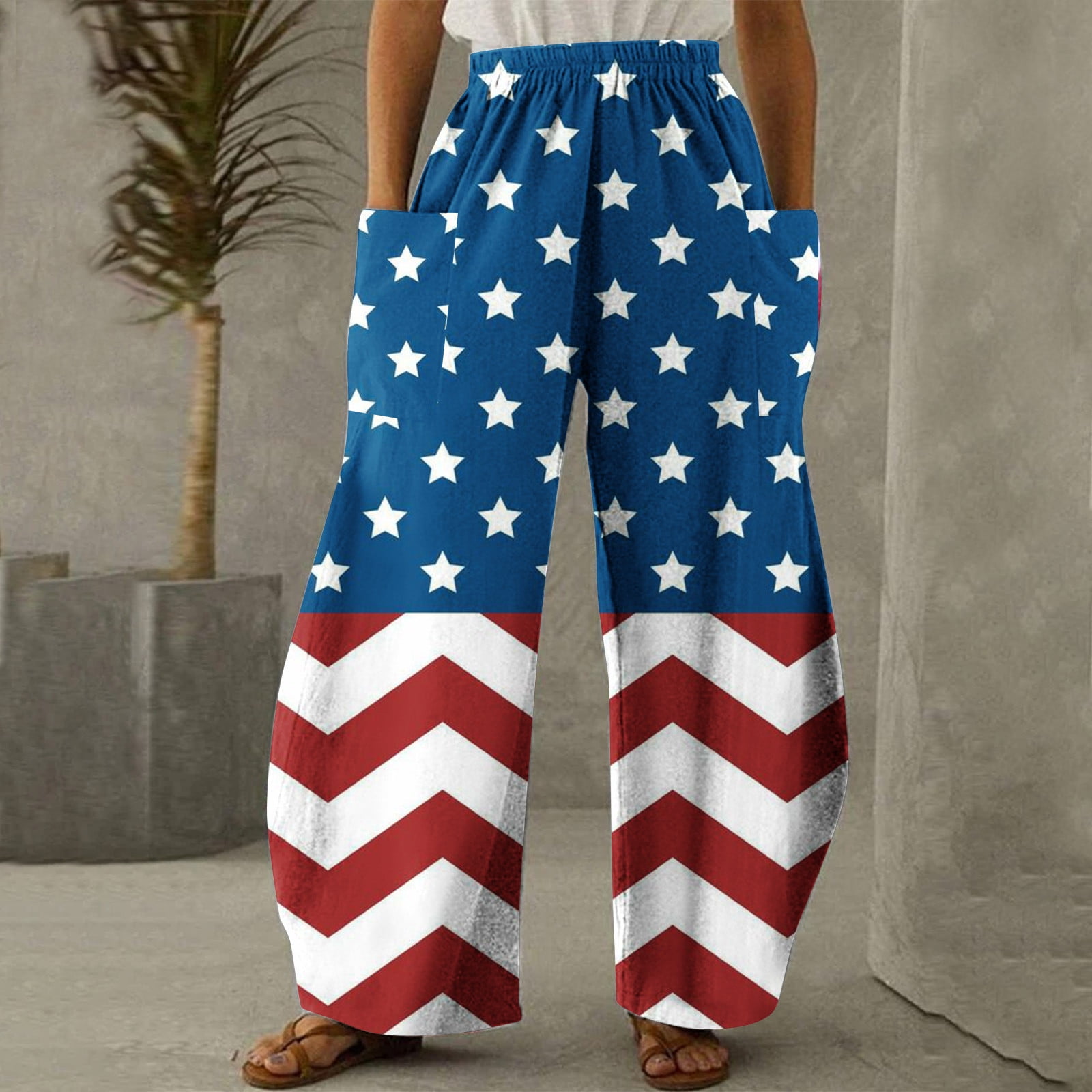 Lilgiuy 4th of July Pants for Women Casual Printing Pockets Elastic Mid ...