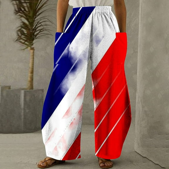 Lilgiuy 4th of July Pants for Women Casual Printing Pockets Elastic Mid-Waist Comfortable Wide-Legged Loose Independence Day Pants for Fishing Outdoor Activities