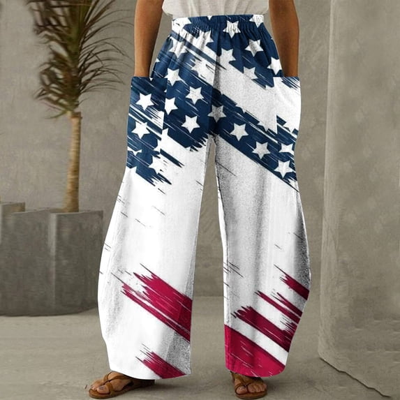 Lilgiuy 4th of July Pants for Women Casual Printing Pockets Elastic Mid-Waist Comfortable Wide-Legged Loose Independence Day Pants Petite Classic Fit Proportioned Pant