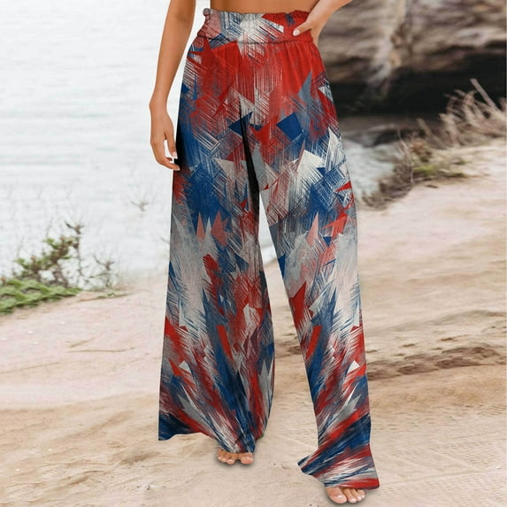 Lilgiuy 4th of July Pants for Women Printed Casual High Waisted Loose Wide Leg Straight Leg Pants with Two Extra Pockets Independence Day Pants for Office Work Business