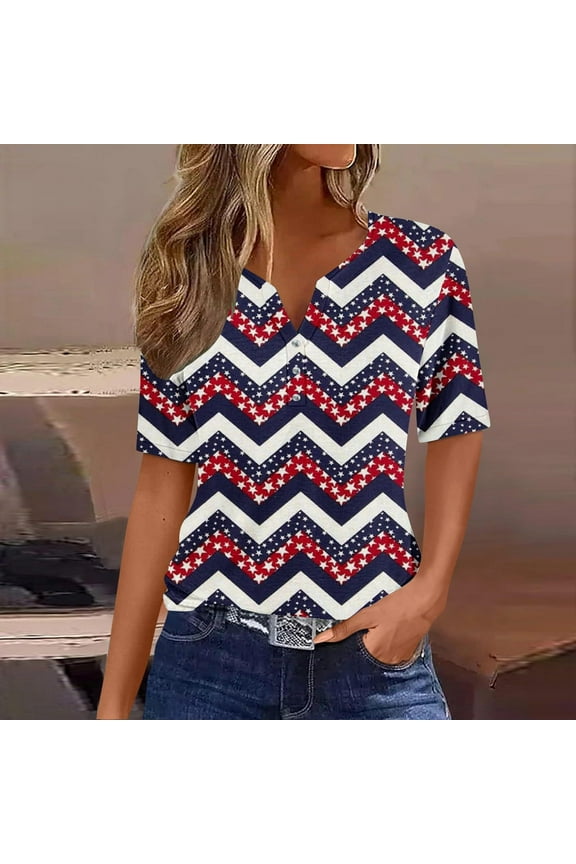 4th of July Tops for Women Short Sleeve V Neck 2024 Summer Casual T Shirt Tee Trendy American Flag Star Print Button Basic Pullover Blouses (Wine,L)