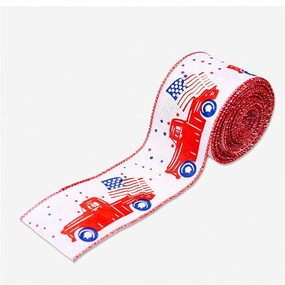 Lilgiuy 4th of July Wired Edge Ribbons 78.74Inch, Red Truck Star Wired Ribbon Independence Day America Flag Fabric Ribbon for Patriotic Holiday Party Decoration, White