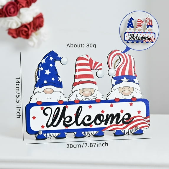Lilgiuy 4th of July Wooden Door Sign Patriotic Independence Day Gnome Red Blue White Hanging Sign Memorial Day Wooden Signs for Home Decor Rustic Door Sign for Outdoor, 7.87" x 5.51"