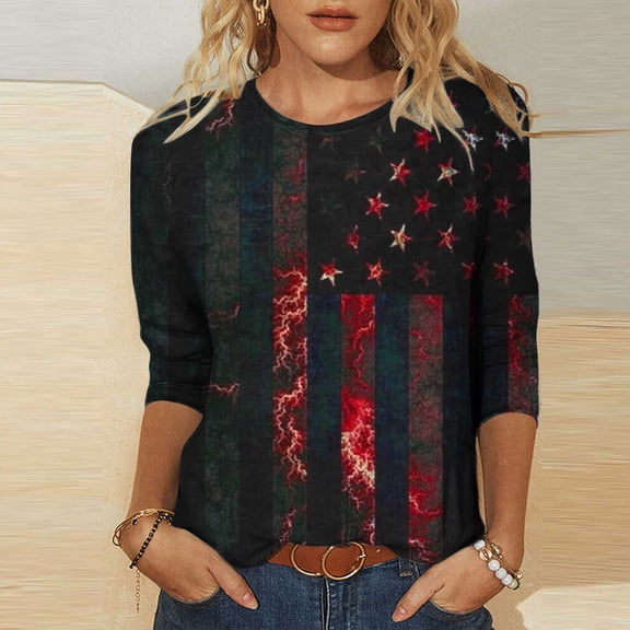 Lilgiuy 4th of July 3/4 Sleeve Shirt for Women Fashion Independence Day Printing Loose T-shirt Round Neck Casual Top Streetwear