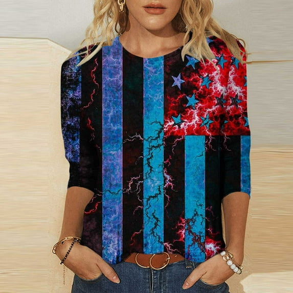 Lilgiuy 4th of July 3/4 Sleeve Shirt for Women Fashion Independence Day Printing Loose T-shirt Round Neck Casual Top Trendy Slim Fit