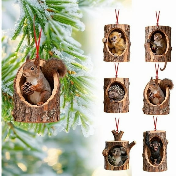 Lilgiuy 6Pcs Animal Forest Ornaments, 2D Flat Printing Acrylic Forest Wildlife Figurines for Tree & Home Decor, Christmas Decoration
