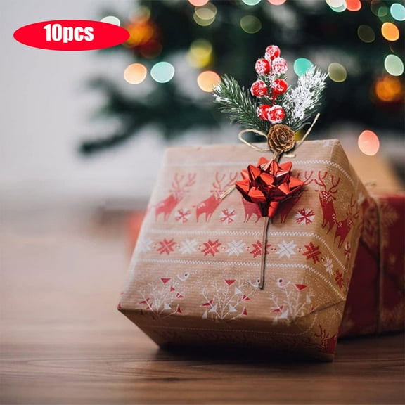 Lilgiuy 7.5in Christmas Pine Cones Picks Artificial Berries Sprays Branches Faux Floral Stems Snowy Pine Needles for Wrapping Box Gifts Decor, Red (Stylish Snowy Style)