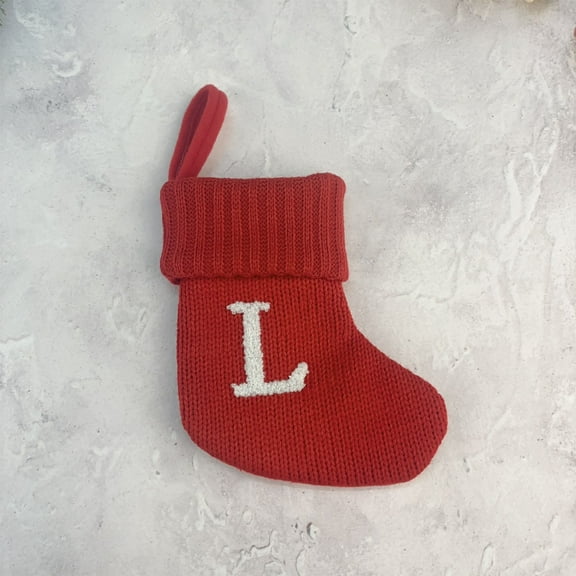 Lilgiuy 7 Inches Mini Initial Monogram Embroidered Christmas Stocking Knitted Christmas Decorations Stocking Red Knit Cute Christmas Stocking-L