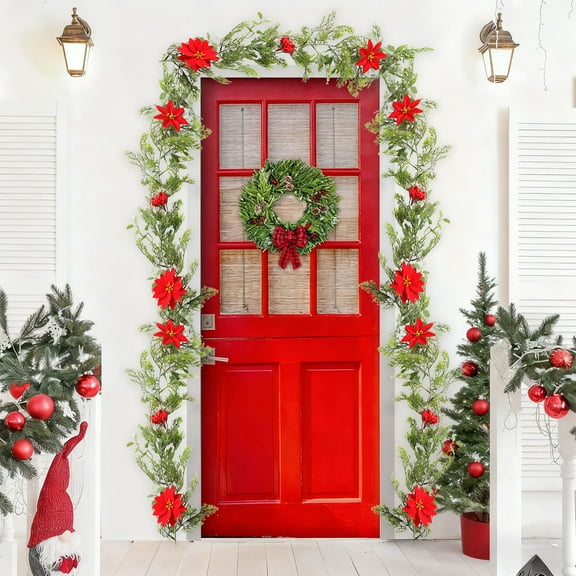 Lilgiuy 72.83" Christmas Poinsettia Garland with Red Berries Holly Leaves Artificial Pine Needle Red Berry Garland Artificial Xmas Flower for Indoor Outdoor Christmas Decortions