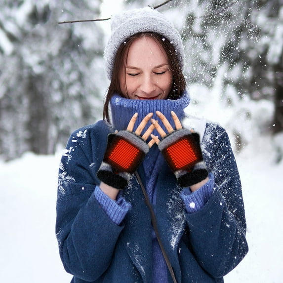 Lilgiuy Adult Winter Knitted Heated Gloves Cute Solid Color Half Bare Finger Stretchy Warm Gloves for Cold Weather