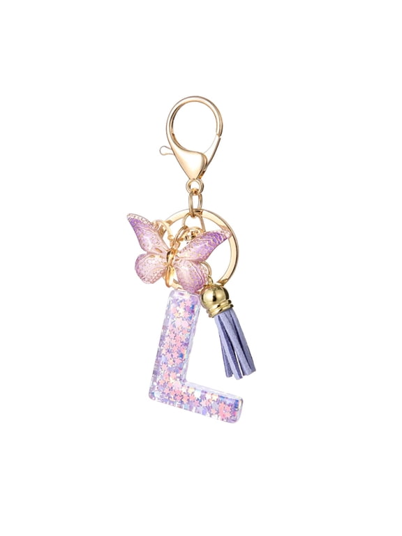 Alphabet Initial Letter Keychain Cute Heart Resin, 2024 New 26 Letter Butterflys Tassel Keychain for Car Backpacks, Initial Keychains for Women (L)