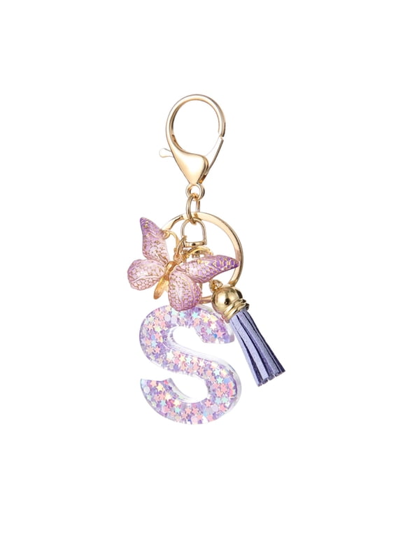 Alphabet Initial Letter Keychain Cute Heart Resin, 2024 New 26 Letter Butterflys Tassel Keychain for Car Backpacks, Initial Keychains for Women (S)