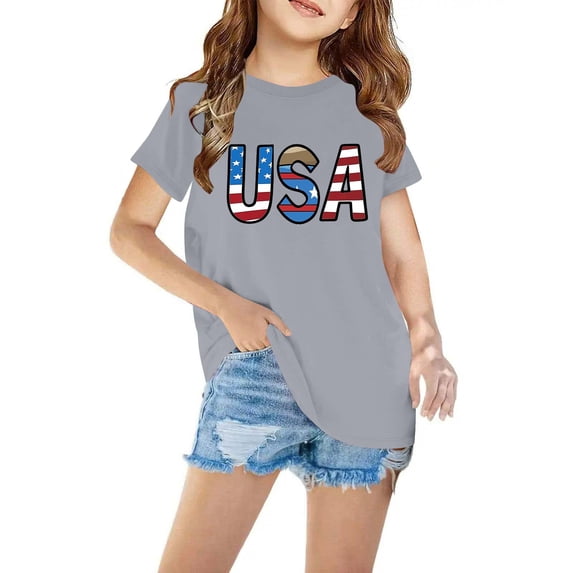 Lilgiuy American Flag T-Shirt for Kids USA Letter Tee 4th of July Shirt Children's Patriotic Boys Girls USA Tops for Independence Day Party(Gray,4-5 Years)