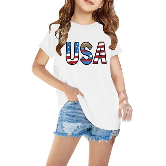 Lilgiuy American Flag T-Shirt for Kids USA Letter Tee 4th of July Shirt Children's Patriotic Boys Girls USA Tops for Independence Day Party(White,4-5 Years)