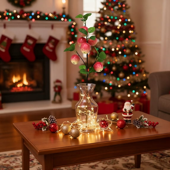 Lilgiuy Artificial Apples Branches, Long Stems Fake Apples Branches Fake Apples Fruit Picks with Leaves, Faux Apples Branches for Home, Christmas Table Centerpiece Decor