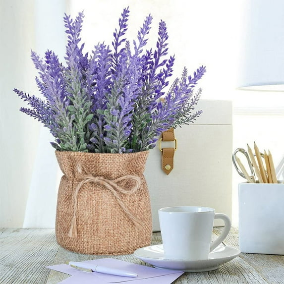 Lilgiuy Artificial Lavender Flowers in Small Cloth Bag Vase, Fake Potted Plants Plastic Faux Flowers for Shelf Desk Spring Indoor Home Office Farmhouse Room Coffee Table Decor, Purple