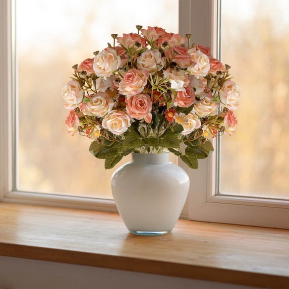 Lilgiuy Artificial Roses Flowers, Small Silk Flowers for Home Decor Indoor Fake Bouquet Faux Floral Arrangements Dining Table Centerpieces for Kitchen Bridal Wedding Party Decor, 16.5 Inches
